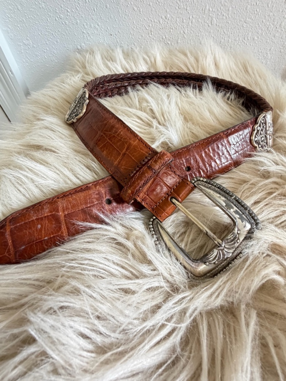 VTG Western Leather Belt LG Silver Engraved Buckle Croc Embossed Cowgirl Sz SM